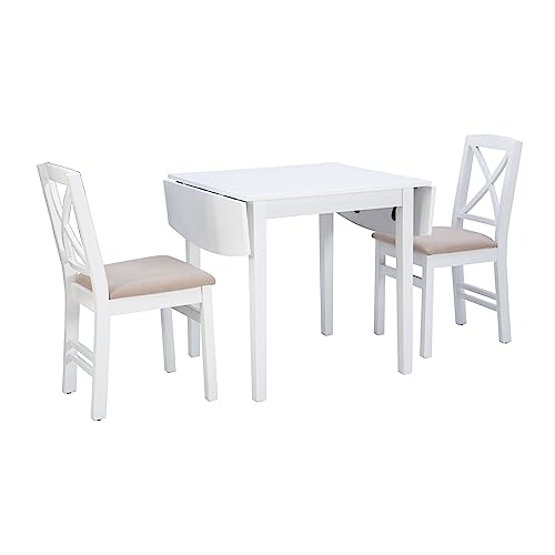 Torino Three Piece Drop Leaf Dining Set in White with Beige Upholstered Seats by Linon - color: White Set