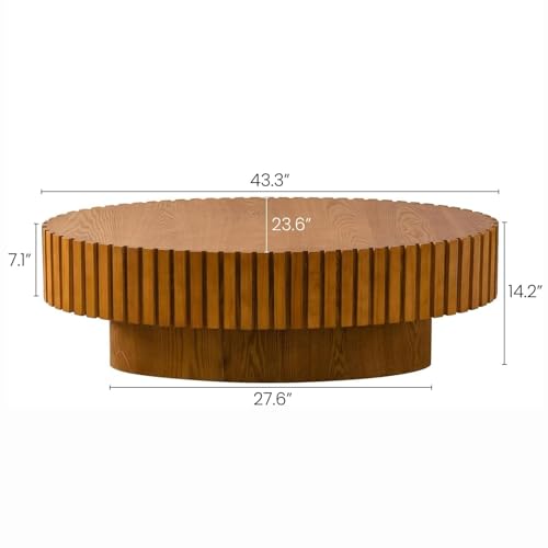 Oval Drum Fluted Coffee Table (E) | Modern Wood Coffee Table with Circle Pedestal Center Tables Fluted Accent Tea Tables for Apartment Living Room - color: E