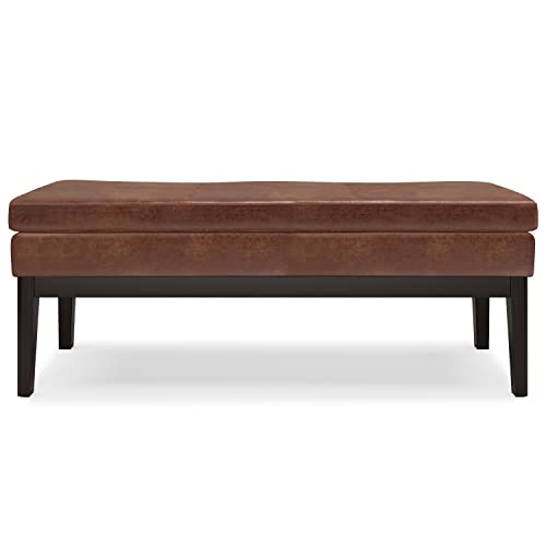 SIMPLIHOME Carlson Ottoman Bench - 45 inch Wide Upholstered Vegan Leather Rectangle Ottoman in Distressed Saddle Brown, Mid Century Modern Bench for Bedroom or Living Room with Padded Seat - color: Brown, style: Ottoman Bench