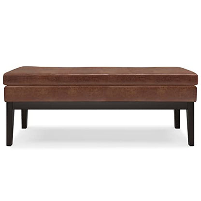 SIMPLIHOME Carlson Ottoman Bench - 45 inch Wide Upholstered Vegan Leather Rectangle Ottoman in Distressed Saddle Brown, Mid Century Modern Bench for Bedroom or Living Room with Padded Seat - color: Brown, style: Ottoman Bench