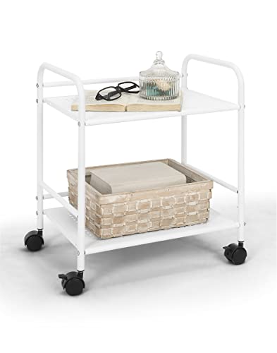 SunnyPoint 2-Tier Metal Rolling Utility Cart – Mobile Storage Shelf with Caster Wheels – Small Space Organizer for Home, Office, Bedroom, Kitchen (WHT) - color: Wht, size: 12" x 16.93" x 19.49"