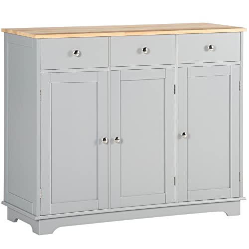 HOMCOM Sideboard Buffet Cabinet Solid Wood Countertop Gray | Modern Kitchen Storage, Coffee Bar Cabinet, 3 Drawers, Doors, Adjustable Shelf - color: Grey, size: 39.75" x 15.75" x 33.5"