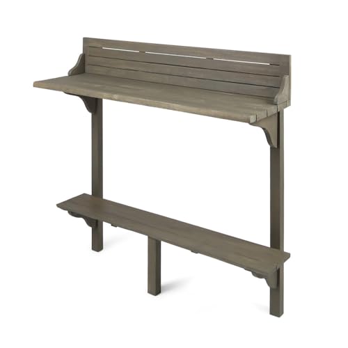 Lekit Balcony Bar Table for Railings, Acacia Wood, Gray, Space-Saving | Acacia Wood Construction, Footrest Bar Comfort, Slim Long Surface, Casual Coffee Setup, Small Patio Friendly