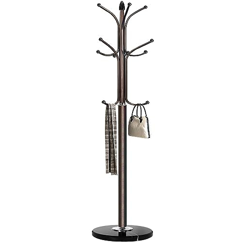 Kertnic Freestanding Coat Rack Stand, Heavy Duty Metal Hall Tree with 12 Hooks, 70 Inch Tall Stable Coat Hanger with 14.6" Natural Marble Base, Entryway Organizer for Coats Bags Hats Purses (Bronze) - color: Bronze