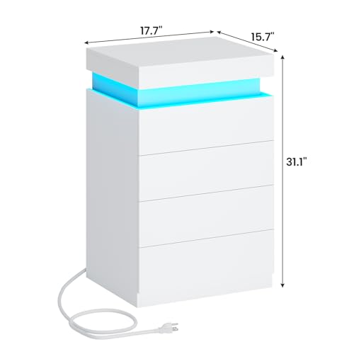 ADORNEVE White Nightstand with Drawers and LED Lights | Night Stand with Sliding Top,Bedside Table with Charging Station,Modern Side Table for Bedroom - color: White, size: 1PC