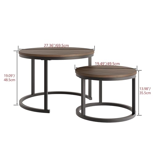 HOJINLINERO Round Nesting Coffee Table Set of 2,Walnut Coffee Table,Large | Center Table for Living Room,Small Apartment,Small Space,Stacking Side Tables,Wood Tabletop,Sturdy and Easy to Assemble - color: Walnut, size: Large