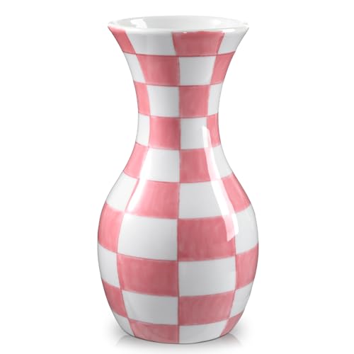 Pink and White Ceramic Vase 11" Checkered Flower Vase in Wide Mouth | Hand-Painted Pink Check Plain, Triple-Fired Glazed Ceramic, Decorative Chinoiserie Decor for Home Decor Bookshelf Side Table - color: #Pink Plain Texture