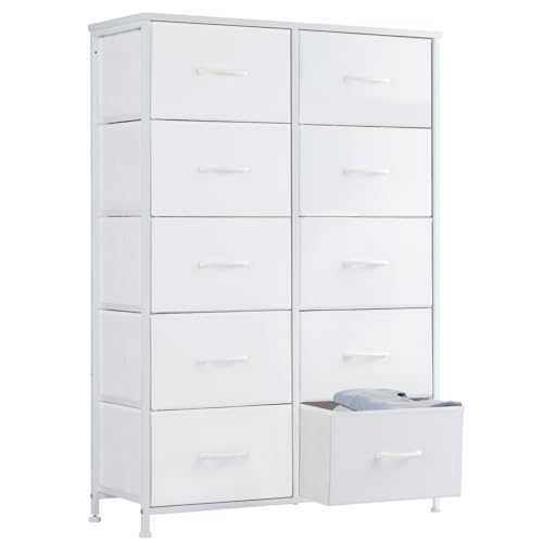 Sweetcrispy 10 Drawer Fabric Dresser Tall Chest Storage Organizer,White | Sturdy metal frame, wood top, Lightweight and space-saving for bedroom, closet, or entryway. Easy to assemble - color: White, size: 31.5"D x 11.8"W x 45.7"H (10 Drawers)