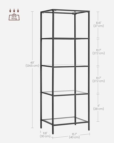 VASAGLE Bookcase, 5-Tier Bookshelf, Slim Shelving Unit for Bedroom, Bathroom, Home Office, Tempered Glass, Steel Frame, Ink Black ULGT029B61 - color: Ink Black, size: 5 Tiers (15.7"W x 49"H)