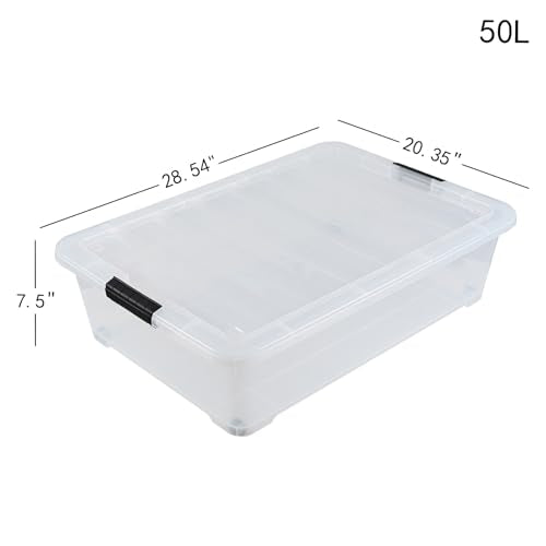 3 Packs 50 Quart Plastic Under Bed Storage Container Bins with Wheels, Large Clear Stackable Organizer Boxes with Lids - size: 50 Quart