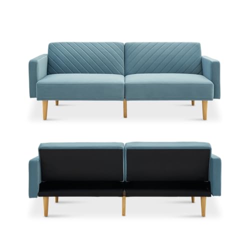 mopio 76.4" Futon Sofa Bed Chevron Styled, Sleeper Couch (Sky Blue Velvet) | Two-in-one seat and crash pad with plush cushioning; tapered legs add retro charm to tight rooms. - color: Sky Blue Premium Velvet