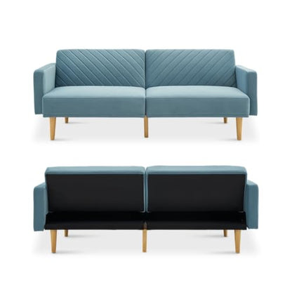 mopio 76.4" Futon Sofa Bed Chevron Styled, Sleeper Couch (Sky Blue Velvet) | Two-in-one seat and crash pad with plush cushioning; tapered legs add retro charm to tight rooms. - color: Sky Blue Premium Velvet