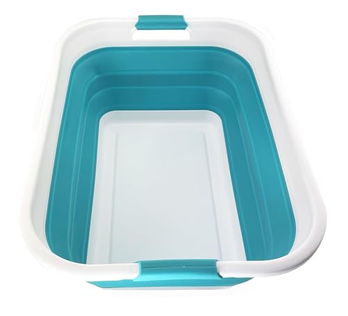 SAMMART 41L (10.8 gallons) Collapsible Plastic Laundry Washing Tub/Basket-Foldable Pop Up Storage Container/Organizer-Portable Laundry Hamper-Space Saving (1, White/Ceramic Blue) - color: White/Ceramic Blue