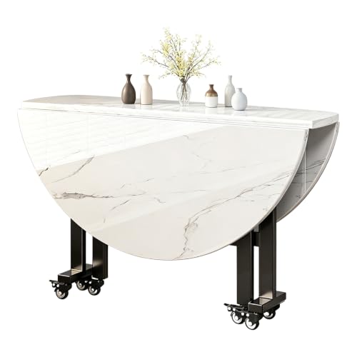 Folding Dining Table, Round Drop Leaf Kitchen Table with Wheels, Space Saving Extendable Table for Dining Room, Living Room, Small Space, Entryway Table and Storage Rack White 180cm/70.8in - color: White, size: 180cm/70.8in