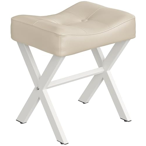18-Inch Leather Vanity Stool Chair, Beige Makeup Stool | Vanity Bench, Metal X-Leg, Ottoman Accent Stool, Thick Padded Saddle Seat, 300 LBS, 16.3"x12.4"x18", For Living Room Bedroom - size: Small, style: Beige Leather