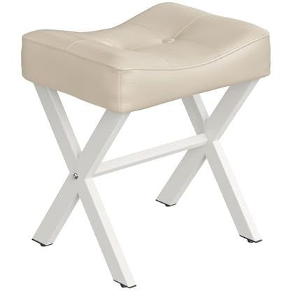 18-Inch Leather Vanity Stool Chair, Beige Makeup Stool | Vanity Bench, Metal X-Leg, Ottoman Accent Stool, Thick Padded Saddle Seat, 300 LBS, 16.3"x12.4"x18", For Living Room Bedroom - size: Small, style: Beige Leather