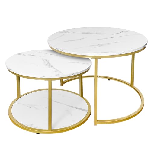 AT-VALY Coffee Table Set of 2 Nesting Tables,Round Side Table for Living Room, Small Accent Table with Storage (Gold) - color: Gold, size: 25.5Inch