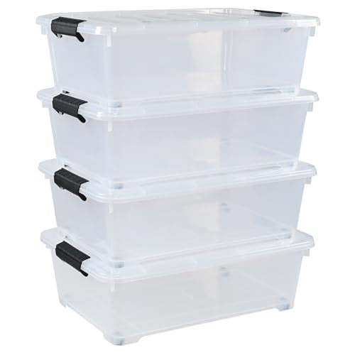 4 Packs 20 Quart Plastic Under Bed Storage Container with Wheels | Stackable and Nestable Organizer Bins, Flat Storage Box with Lids - size: 20 Quart