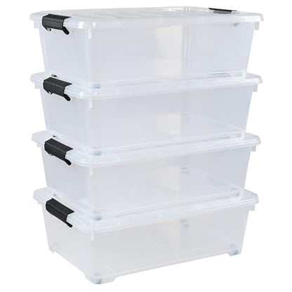4 Packs 20 Quart Plastic Under Bed Storage Container with Wheels | Stackable and Nestable Organizer Bins, Flat Storage Box with Lids - size: 20 Quart