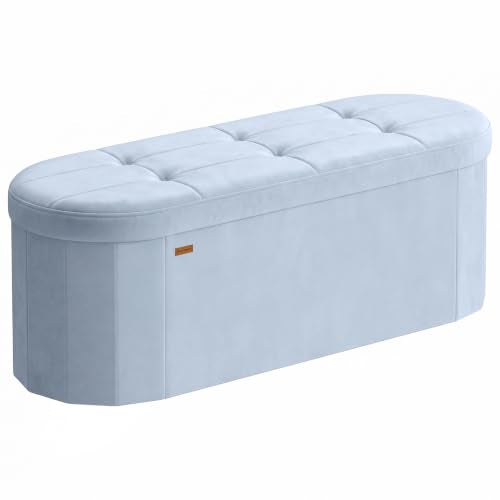SONGMICS MINOTA Collection - Folding Ottoman with Storage, Oval Storage Ottoman Bench, for Living Room, Bedroom, Velvet Fabric, 15 x 43.3 x 15 Inches, Baby Blue ULSF297QQ01 - color: Baby Blue, size: 15"D x 43"W x 15"H, style: Oval