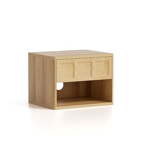 Farmhouse Floating nightstands Set of 4, Small Wall Mounted Storage Cabinet with Drawer Open Shelf, Wood Bedside End Table for Bedroom, Living Room, Natural Oak - size: 4 PCS