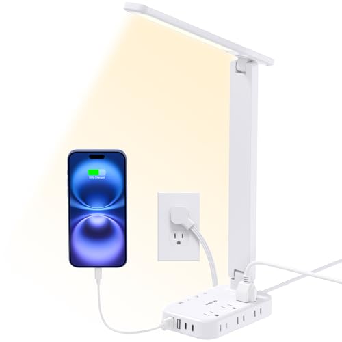 Desk Lamp,Power Strip with 6 AC Outlets & 4 USB Ports, Dorm Room Essentials | One Beat Touch Control LED Lamp, 4 Color Modes 5 Brightness Levels,Eye-Caring Reading Lamp,5ft Cord,Study Home Office College