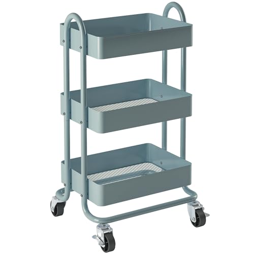 Metal Rolling Cart,3-Tier Metal Rolling Cart with Wheels,3 Tier Utility Cart with Wheels for Office,Home,Kitchen,Garden（13.4"x18.1"x31"） Blue - color: Blue, size: 31"H
