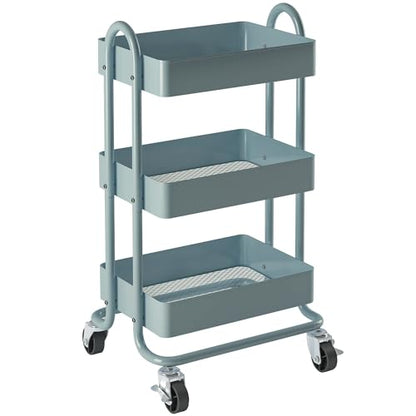Metal Rolling Cart,3-Tier Metal Rolling Cart with Wheels,3 Tier Utility Cart with Wheels for Office,Home,Kitchen,Garden（13.4"x18.1"x31"） Blue - color: Blue, size: 31"H