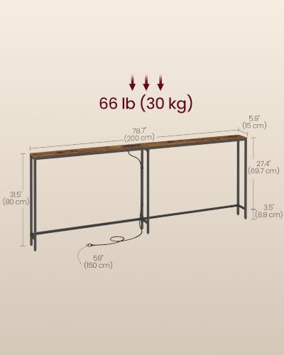 VASAGLE 78.8" Console Table, Narrow Behind Couch Table with Outlet | Sofa Tables with 2 Hooks, for Entryway, Living Room, Easy Assembly, Rustic Brown and Ink Black, BARNET Collection ULNT077K101 - color: Rustic Brown + Ink Black, size: 1 Tier (5.9"D x 78.