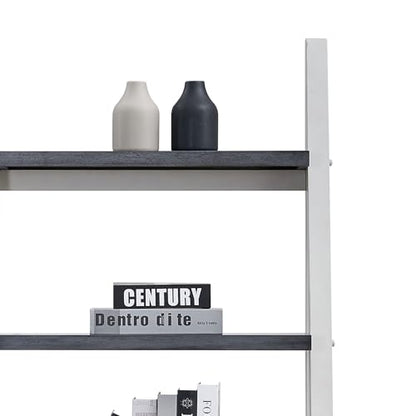 5-Tier Shelves,Bookshelf, Storage Rack, Bookcase with Rubber Wood Frame, Ladder Shelf for Living Room, Home Office, Kitchen, Bedroom, Apartmen (Grey+White 5-Tier)