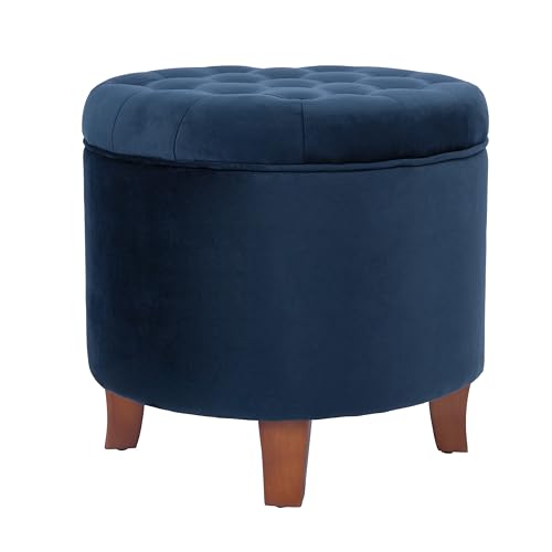 HomePop 19" Velvet Button Tufted Round Storage Ottoman - Navy Blue - color: Navy Blue
