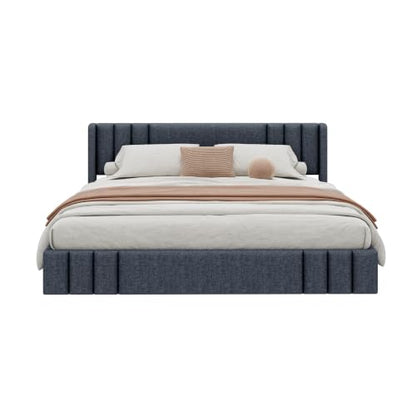 VilroCaz King Size Linen Upholstered Platform Bed Frame with Thick Fabric Headboard, No Box Spring Needed (Gray-6.17, King) - color: Gray-6.17, size: King