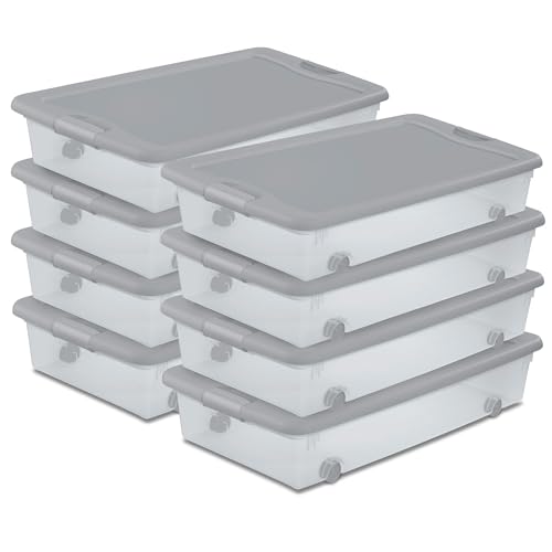 Sterilite 8-Pack Wheeled Latching Box, Under Bed Storage Containers, 56 Qt, Silver - Stackable Plastic Organizer Bins with Lids for Clothes, Shoes, Craft, and Bedroom Organization - color: Silver, size: 8 Pack