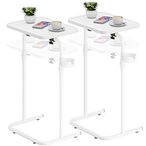 TUTOTAK C Shaped End Table with Tiltable Surface, Set of 2, Adjustable Height Side Table, Slide Under Couch Table TV Tray for Eating, Sofa Tray for Livingroom, Bedroom White TB01BW0912 - color: White