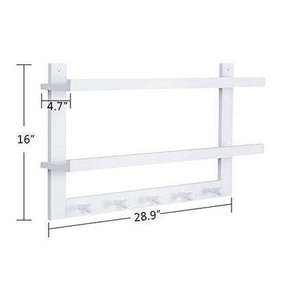 WELLAND 2 Tiers Entryway Floating Wall Shelf Hanging Shelf 29" L, Wall-Mounted Coat Rack Shelf with 5 Hooks for Hallway, Bathroom, Living Room, Bedroom,White