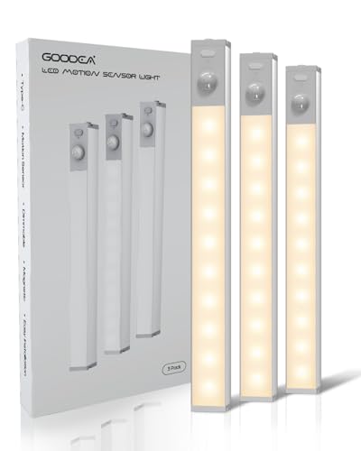GOODEA 7" Under Cabinet Lighting with Rechargeable Battery, 3 Pack | LED Motion Sensor Light Indoor, Closet Lights with Dimmable Brightness for Cabinets, Bookshelf, Stair, Hallway - color: Warm White, size: 3 Pack without Charging Station