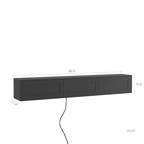 Floating TV Stand Wall Mounted with Led Lights & Power Outlets for TVs Up to 70 Inch, Wooden Media Console Entertainment Center Television Table Cabinet for Living Room - color: Black, size: 68.9" W x 10.6" H