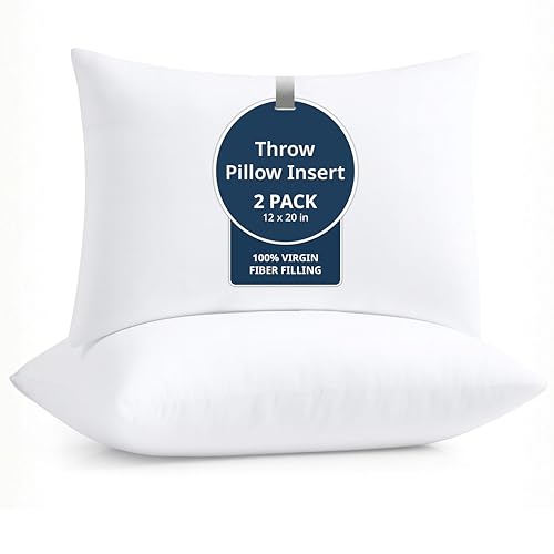 LANE LINEN 12x20 Pillow Insert - Pack of 2 White Decorative Pillows for Sofa Bed, Fluffy Pillow Inserts for Cushion Covers, Bed, Couch Pillows for Living Room | Minimalist Inserts For Lumbar Back Support - Machine Washable, Ultra-Soft 120 GSM Fabric, Fluf