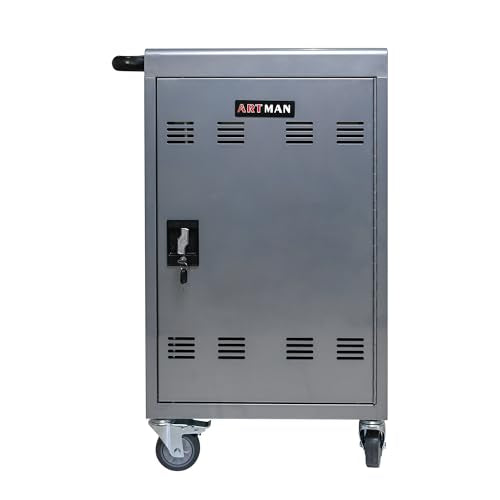 30-Device Mobile Charging Cart Station for Tablets & Laptops ,Secure Storage & Fast Charging,Heavy-Duty Steel Construction with Locking Wheels & Cable Management,Ideal for Schools & Offices，sliver - color: Silver