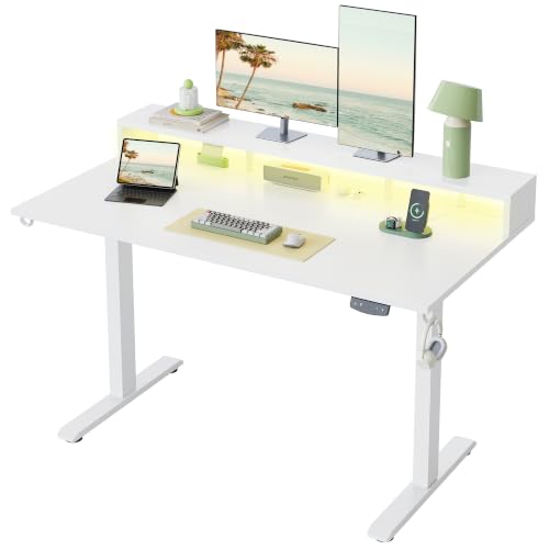 Klicelor Electric Standing Desk with Shelf, 55 Inch Height Adjustable Desk with Power Outlets & LED, Sit Stand Up Table with Monitor Stand, Computer Workstation for Home Office, White - color: White, size: 55 x 24 Inches with led and power strips