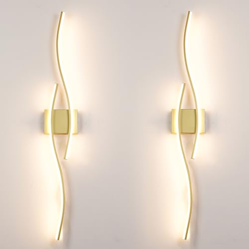 Modern Wall Sconces Set of 2, Dimmable LED with Remote Control, Gold Indoor Wall Sconce, Hard Wired Wall Lights for Living Room, LED Wall Decor for Hallway, Bedroom, 40.5"in, 3 Color, Timer, Memory - color: Gold, size: 40.5in A hardwired
