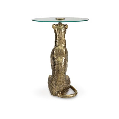 Signature Design by Ashley Vallain Leopard Gold Side Table Glass End Table | Heavyweight 40 lbs cast aluminum leopard base, Durable 18-inch tempered glass top, Compact 23.5-inch height for sofa side use