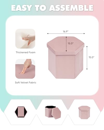 B FSOBEIIALEO Storage Ottoman Cube Hexagonal Pouf Ottomans, Foot Rest Seat for Sofa Footrest Entryway Shoe Footstool for Living Room/Bedroom/Entrway Velvet Pink 16.93"x15"x15" - color: Pink