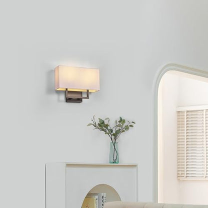 Globe Electric 2-Light Wall Sconce, Matte Black, White Linen Shade, Rectangular Cutout Body, Dimmable, 65000081 - color: Matte Black, White Linen Shade