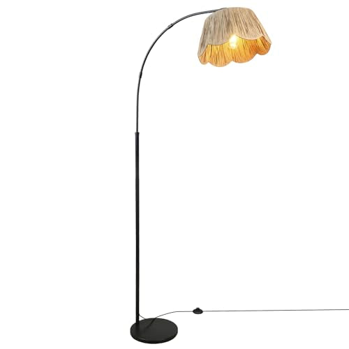 Boho Rattan Floor Lamps for Living Room,Arc Floor Lamp with Hand Woven Shade,70'' Tall Lamp with Black Metal Stand,Foot Switch,Farmhouse Standing Lamp for Bedroom,Over Couch Reading Light,Nursery