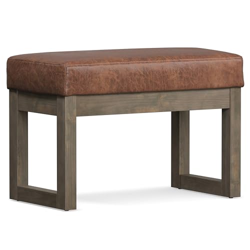 SIMPLIHOME Milltown 27" Wide Vegan Leather Ottoman in Saddle Brown | Distressed saddle brown, contemporary ottoman with a cushioned seat for bedroom seating; rectangle footstool or pouf. - color: Distressed Saddle Brown, style: Small Ottoman Bench