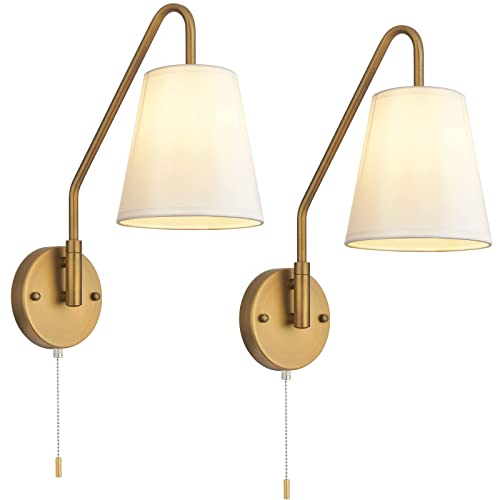 PASSICA DECOR Swing Arm Wall Sconces Set of 2 Hardwired 180 Degree Left and Right Wall Light with Pull Chain Antique Brass Wall Sconce Fabric Lighting Vintage for Bedroom Farmhouse Living Room - color: Antique Brass,White
