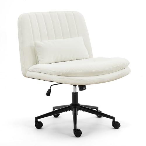URRED Criss Cross Office Chair, Cross Legged Office Seat with Wheels Armless Swivel Vanity Chair, Height Adjustable Wide Computer Task Seating for Home Office (White) - color: White