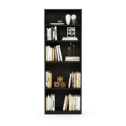 Furinno Jaya Book Shelf, 5-Tier Bookshelf, Tall Standing Bookcase with Adjustable Shelves, 9.5 x 24.5 x 71.2, for Living Room, Bedroom, Home Office, Black Espresso - color: Black Espresso, size: 5-Tier, 9.5 x 24.5 x 71
