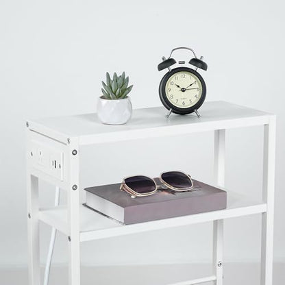 HOOBRO Small Narrow Side Table with Charging Station, Skinny End Table for Small Spaces, Slim Nightstand with USB Ports Outlet, Sofa Beside Table with Storage Shelf, White WT102UBZ01 - color: White